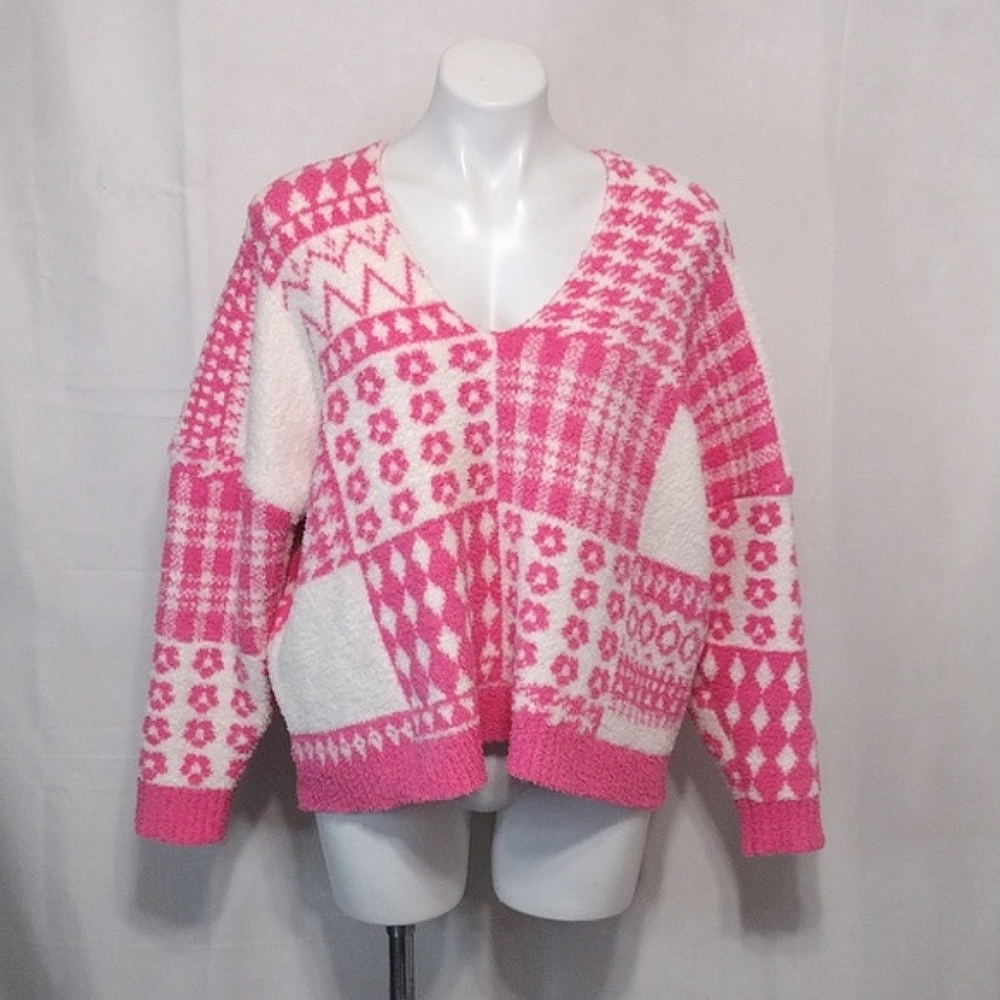 New Pink Lily Terry Cloth Floral Plaid Cropped Pullover Sweatshirt L Cozy Chic